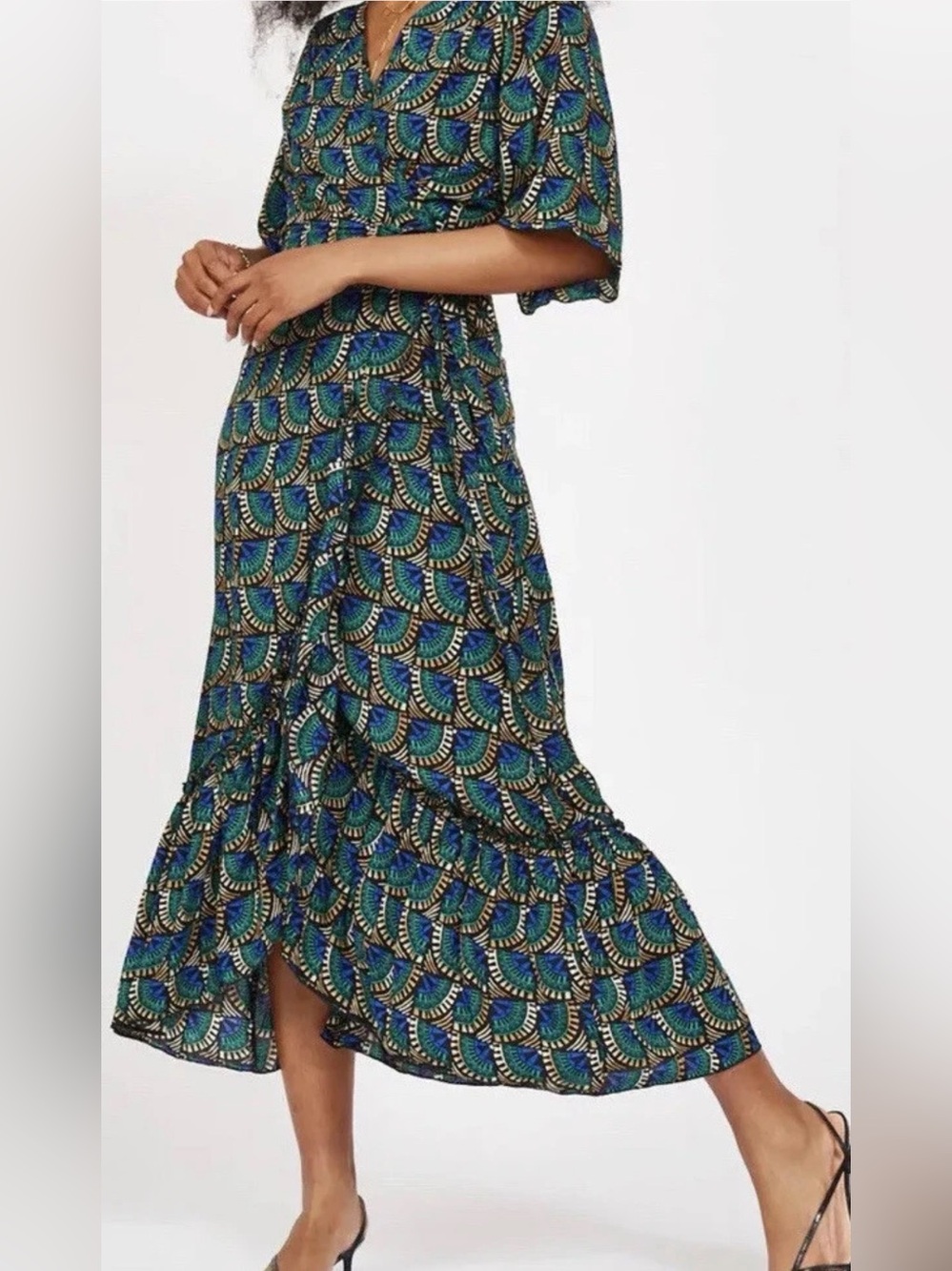Silk & Salt Journey Maxi Wrap Dress African Peacock Print Green S